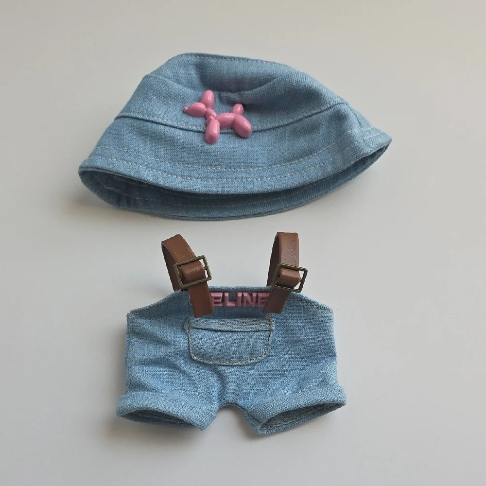 Blue Denim Hat and Shorts Set with Pink Detail Labubu Outfit